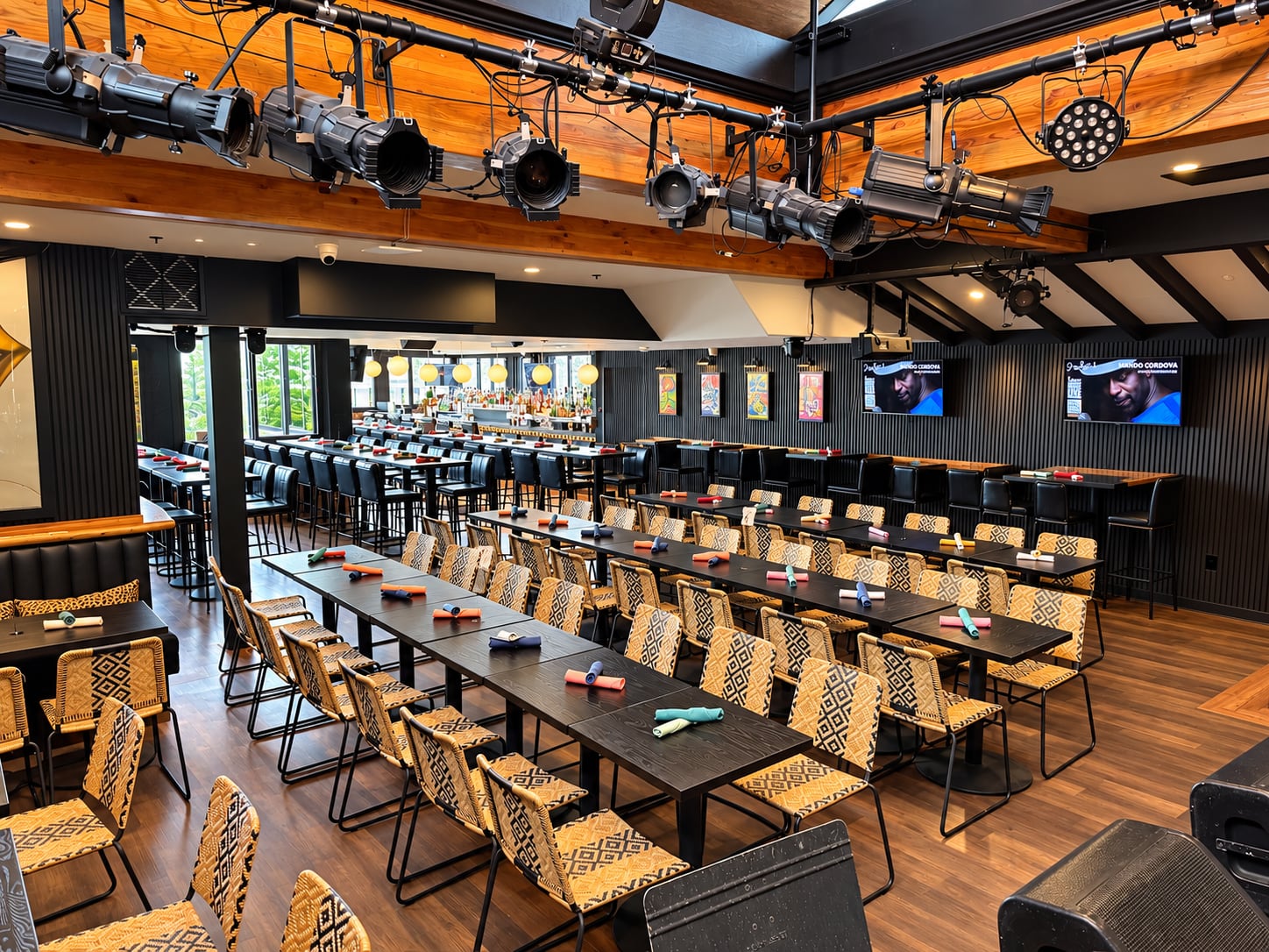 Ivan'z House set with long tables for a seated dinner show