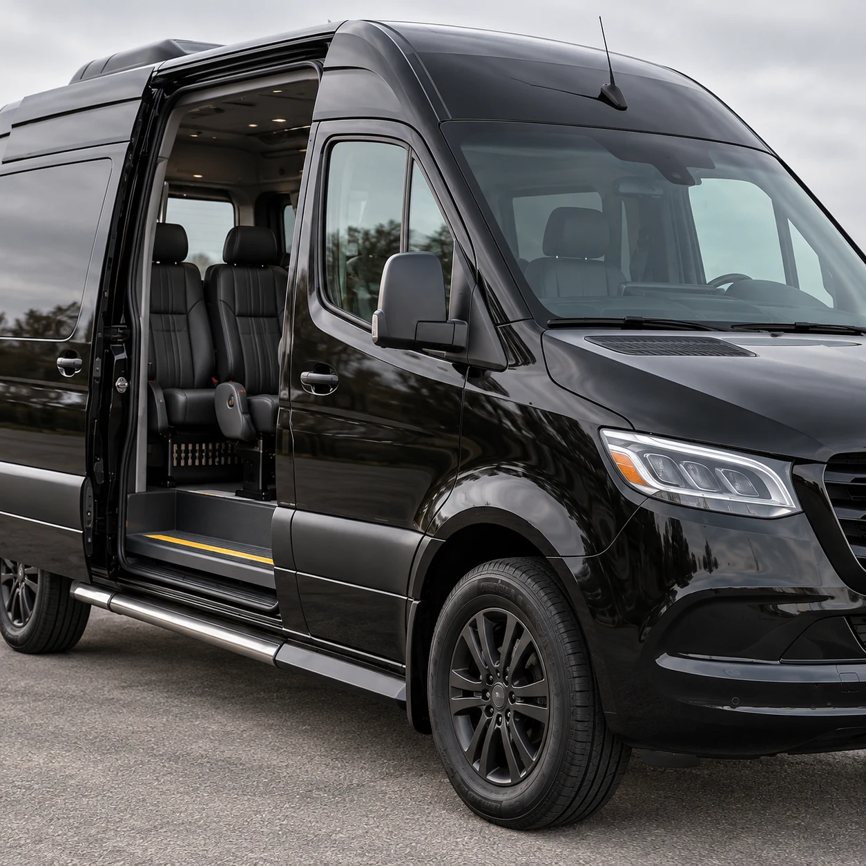 Close-up of a black passenger shuttle with its sliding door open