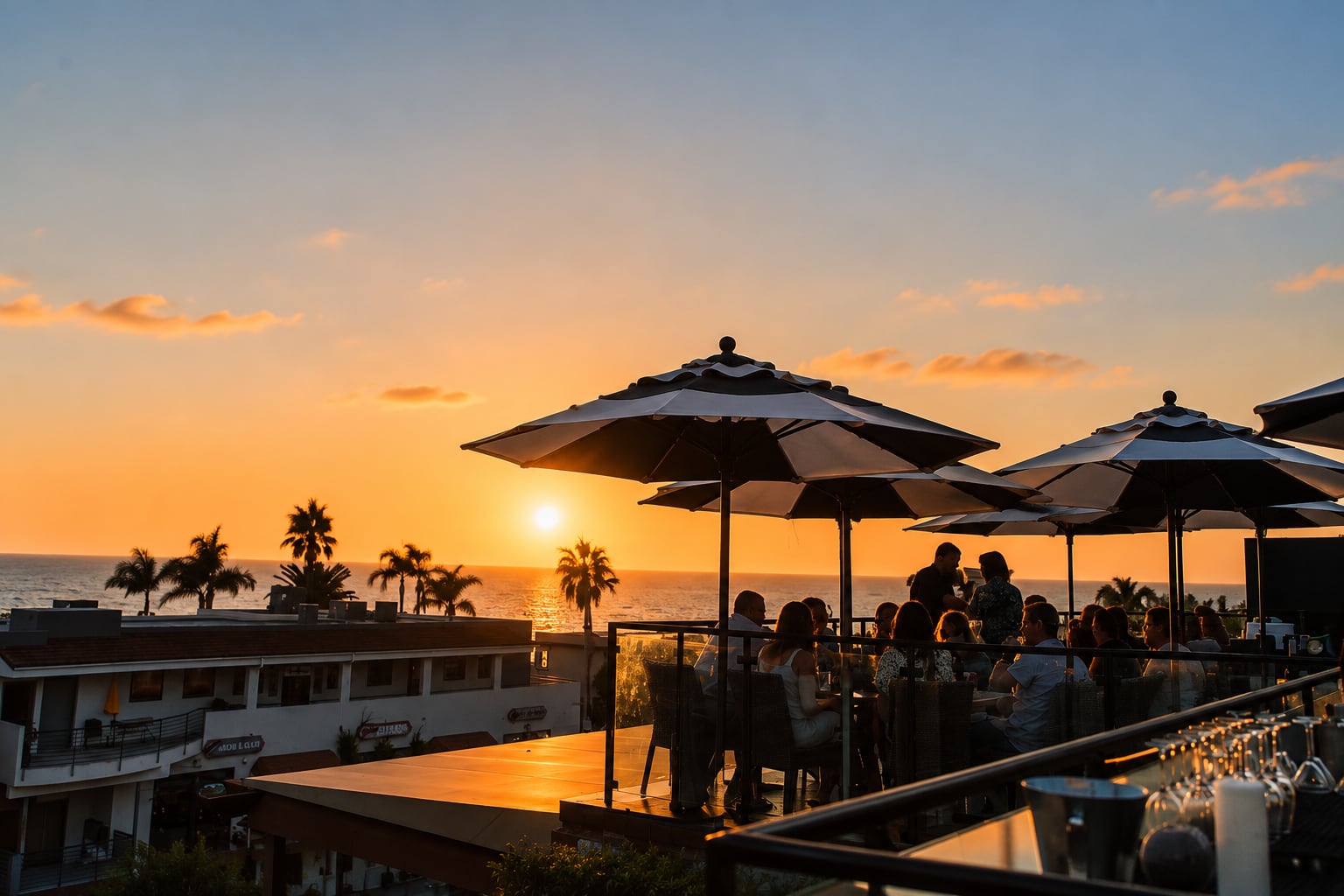 Diners under striped umbrellas on the rooftop terrace at sunset